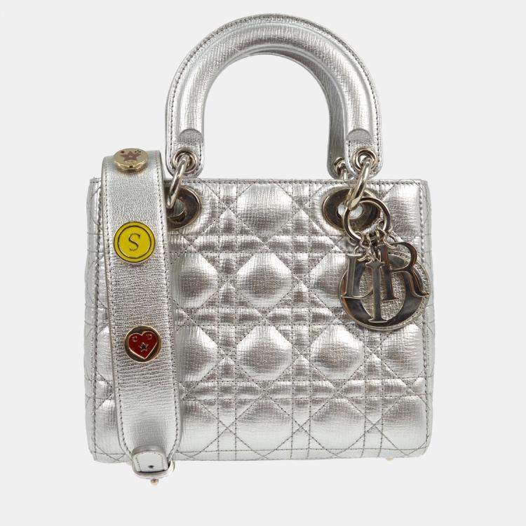 Pre Owned Christian Dior Silver Lambskin Lady Dior Cannage 2way Handbag