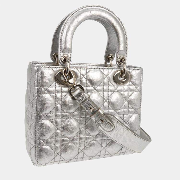 Pre Owned Christian Dior Silver Lambskin Lady Dior Cannage 2way Handbag