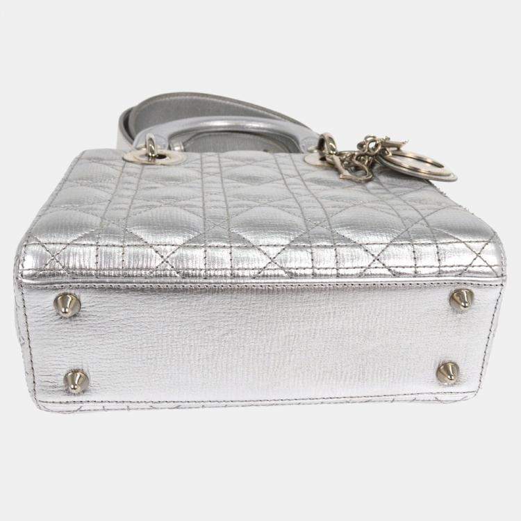 Pre Owned Christian Dior Silver Lambskin Lady Dior Cannage 2way Handbag