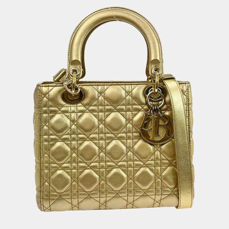 Pre Owned Christian Dior Gold Lambskin Lady Dior Cannage 2way Handbag
