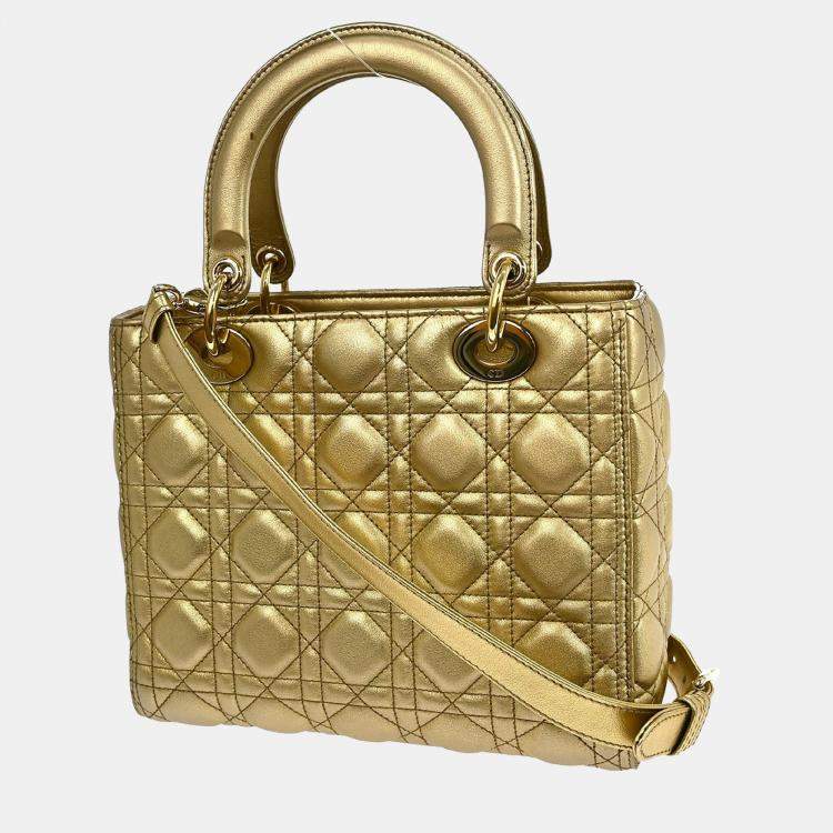 Pre Owned Christian Dior Gold Lambskin Lady Dior Cannage 2way Handbag