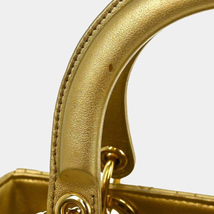 Pre Owned Christian Dior Gold Lambskin Lady Dior Cannage 2way Handbag