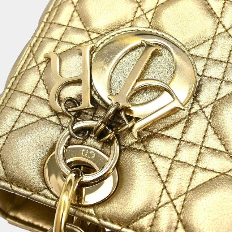 Pre Owned Christian Dior Gold Lambskin Lady Dior Cannage 2way Handbag
