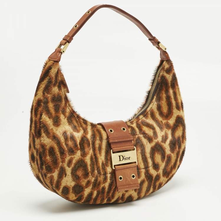 Pre Owned Dior Brown Leopard Print Calf Hair Street Chic Hobo