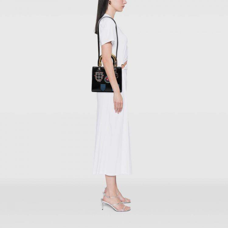 Pre Owned Dior Black Medium Calfskin Patch Embellished Lady Dior