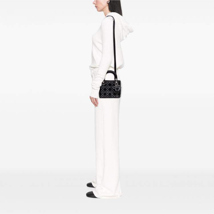 Pre Owned Dior Black Mini Satin Cannage Strass Crystal Embellished Lady Dior