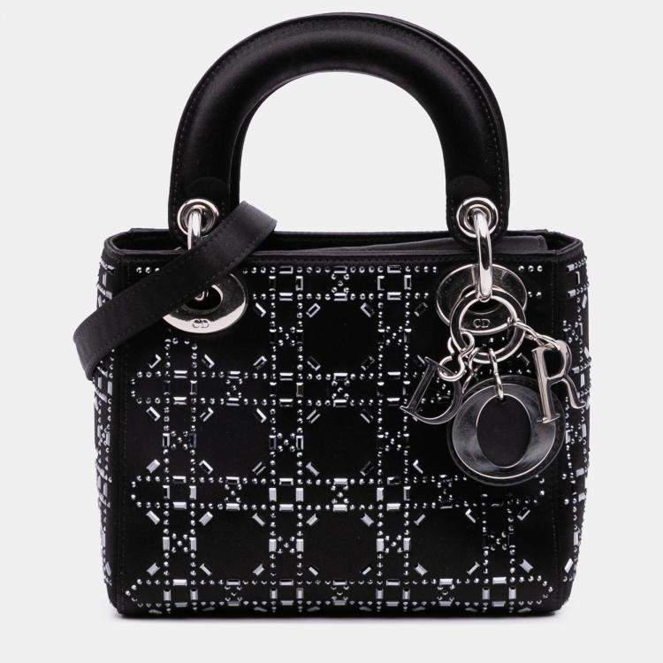 Pre Owned Dior Black Mini Satin Cannage Strass Crystal Embellished Lady Dior