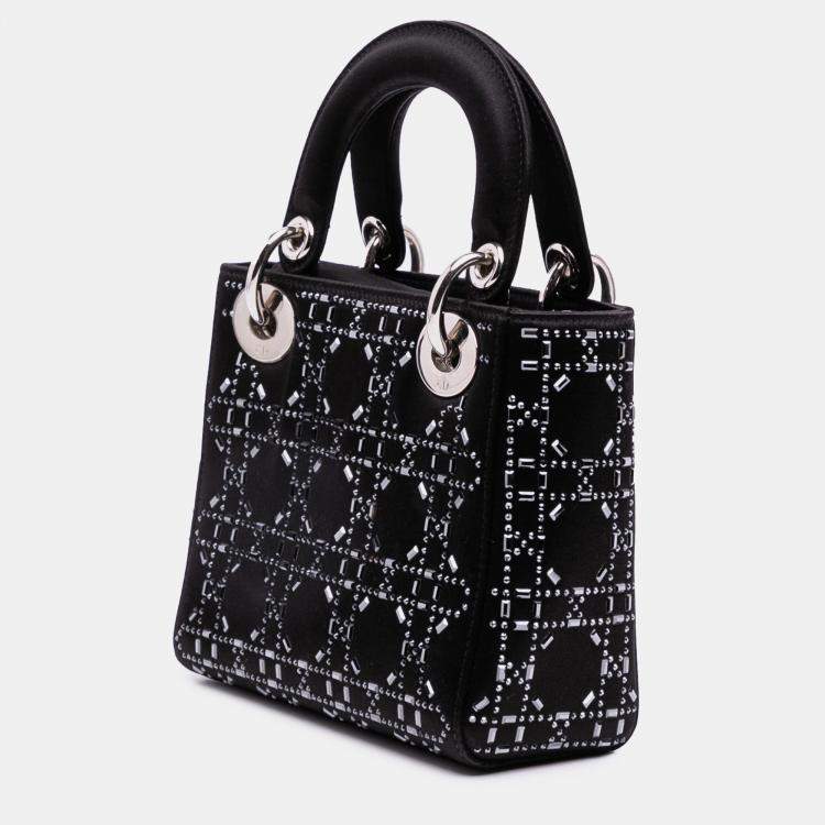 Pre Owned Dior Black Mini Satin Cannage Strass Crystal Embellished Lady Dior
