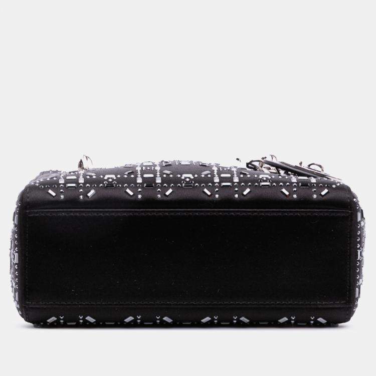 Pre Owned Dior Black Mini Satin Cannage Strass Crystal Embellished Lady Dior