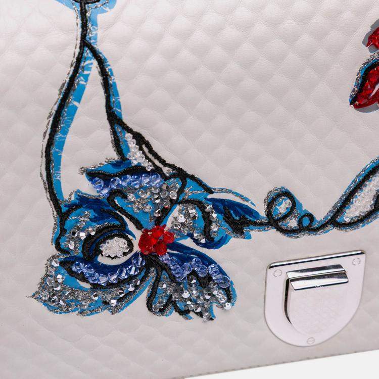 Pre Owned Dior White Medium Lambskin Embroidered Diorama Flap