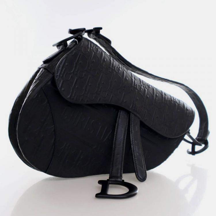 Pre Owned Dior Medium Oblique Embossed Black Calf Leather Saddle Bag