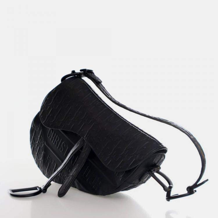 Pre Owned Dior Medium Oblique Embossed Black Calf Leather Saddle Bag