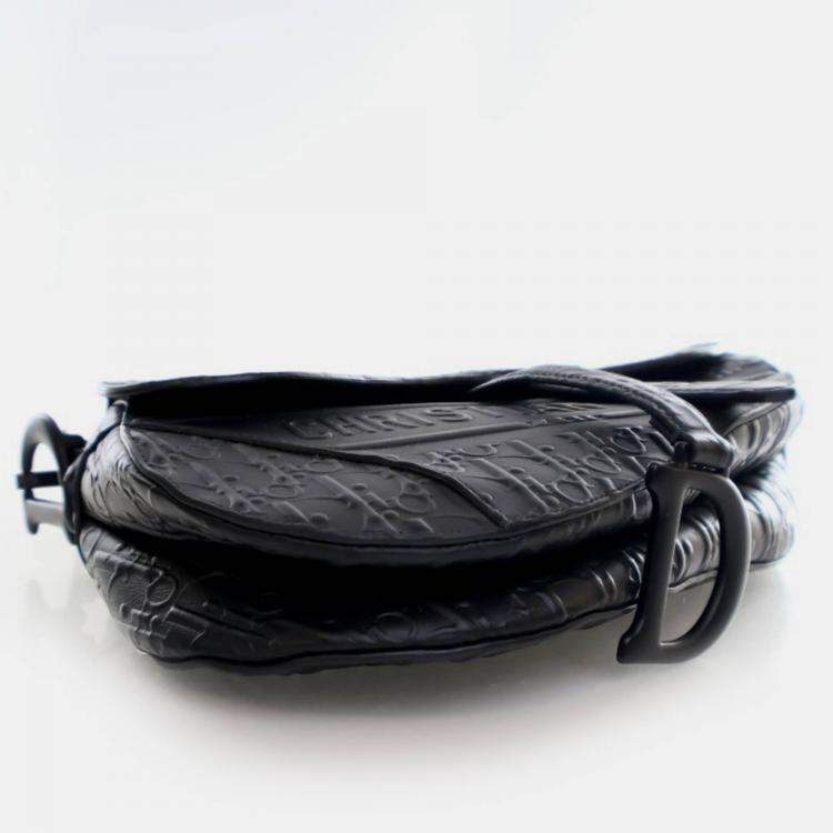 Pre Owned Dior Medium Oblique Embossed Black Calf Leather Saddle Bag