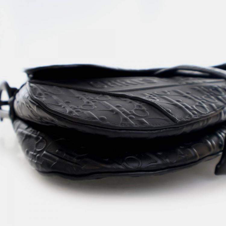 Pre Owned Dior Medium Oblique Embossed Black Calf Leather Saddle Bag