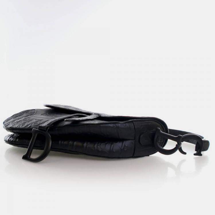 Pre Owned Dior Medium Oblique Embossed Black Calf Leather Saddle Bag