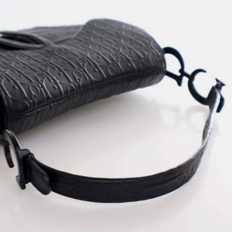 Pre Owned Dior Medium Oblique Embossed Black Calf Leather Saddle Bag