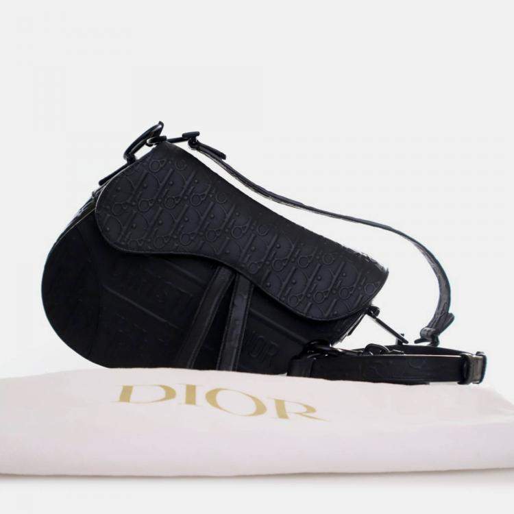 Pre Owned Dior Medium Oblique Embossed Black Calf Leather Saddle Bag