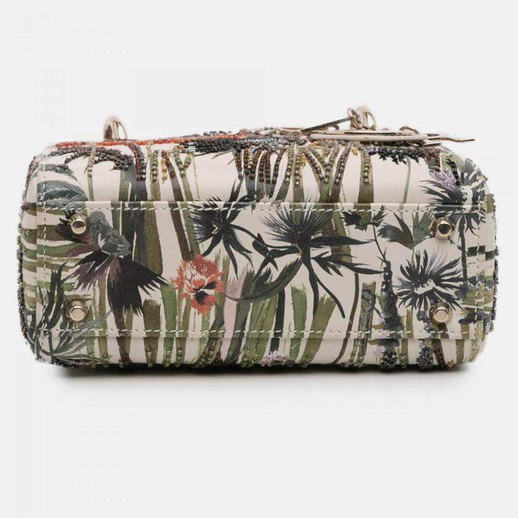 Pre Owned Dior White Mini Calfskin Beaded Embroidered Jardin Naturel Lady Dior