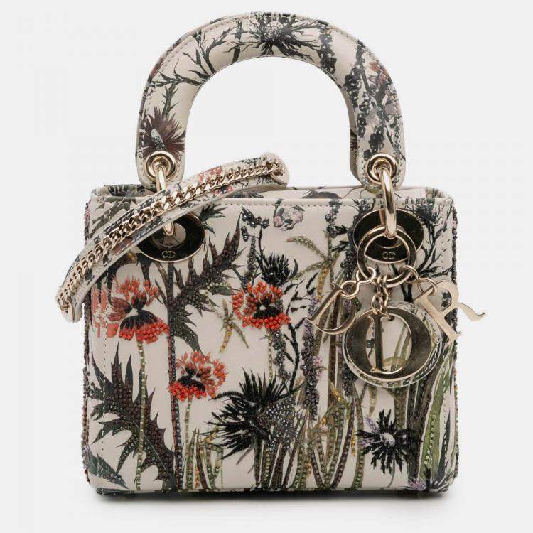 Pre Owned Dior White Mini Calfskin Beaded Embroidered Jardin Naturel Lady Dior