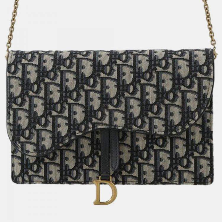 Pre Owned Dior Navy Blue Oblique Canvas Saddle Chain Pouch