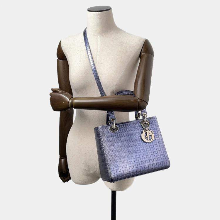 Pre Owned Dior Lady Dior 2Way Handbag Metalicpurple Leather Size Medium