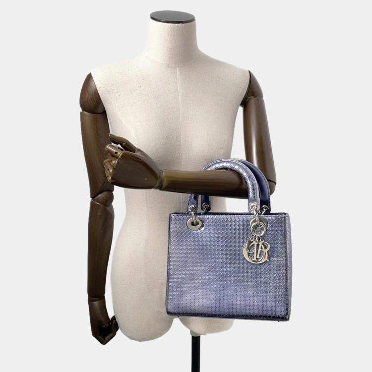 Pre Owned Dior Lady Dior 2Way Handbag Metalicpurple Leather Size Medium