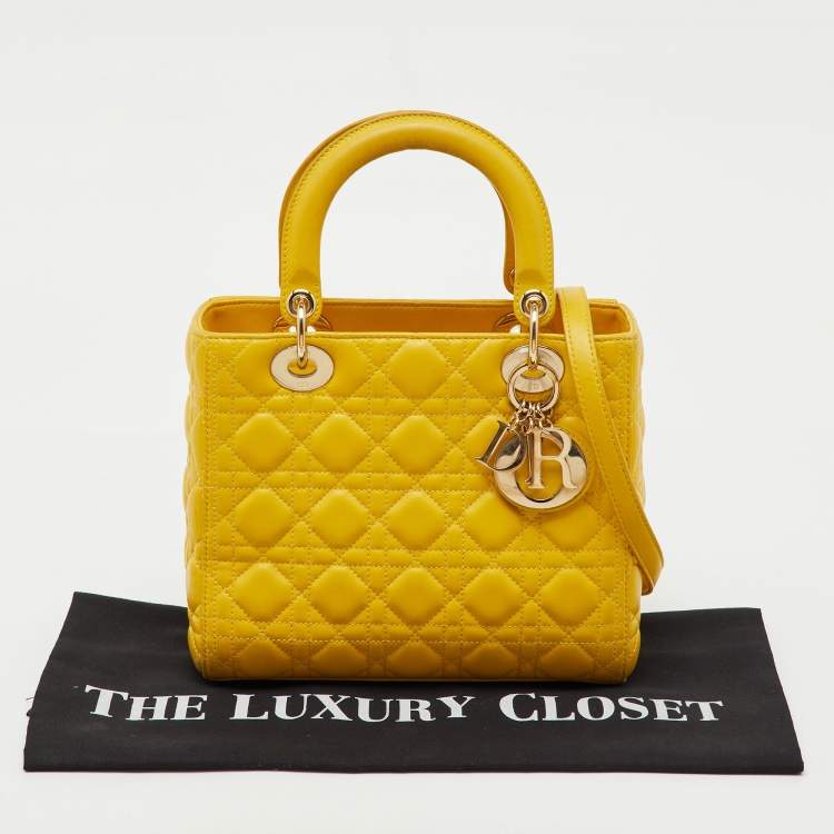 Pre Owned Dior Yellow Cannage Leather Medium Lady Dior Tote