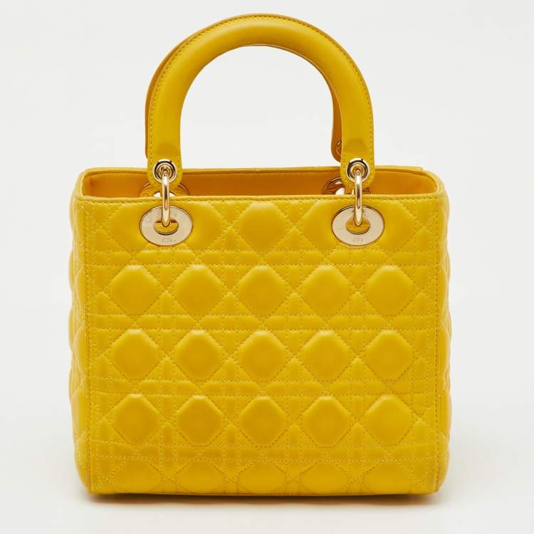 Pre Owned Dior Yellow Cannage Leather Medium Lady Dior Tote