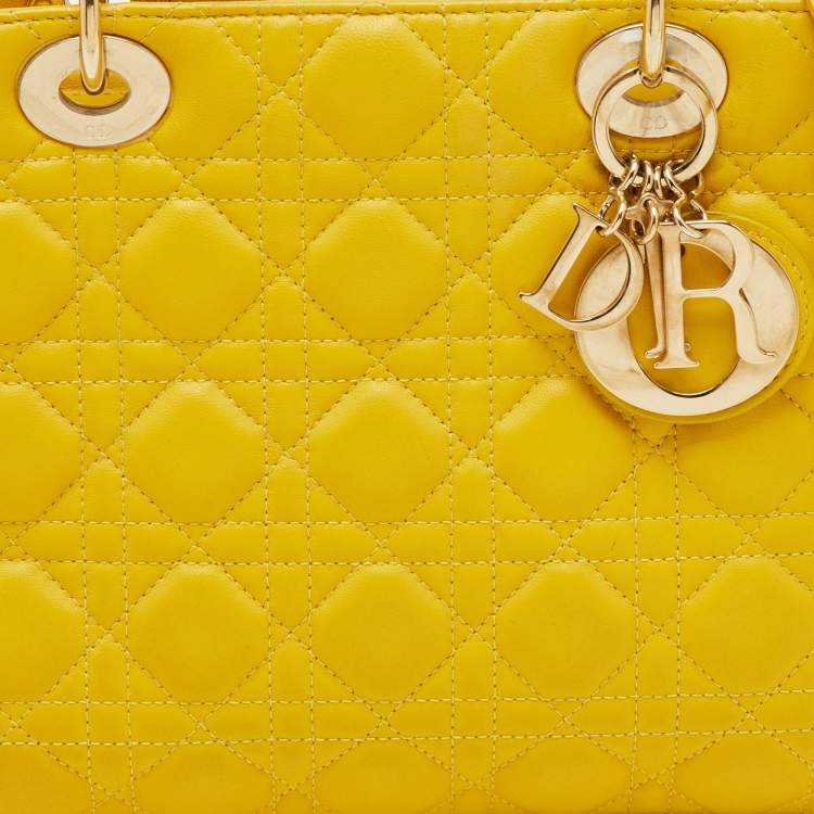 Pre Owned Dior Yellow Cannage Leather Medium Lady Dior Tote