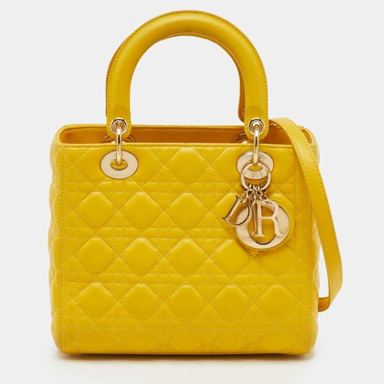 Pre Owned Dior Yellow Cannage Leather Medium Lady Dior Tote