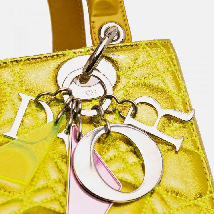 Pre Owned Dior Yellow Anselm Reyle Medium Metallic Lambskin Cannage Lady Dior
