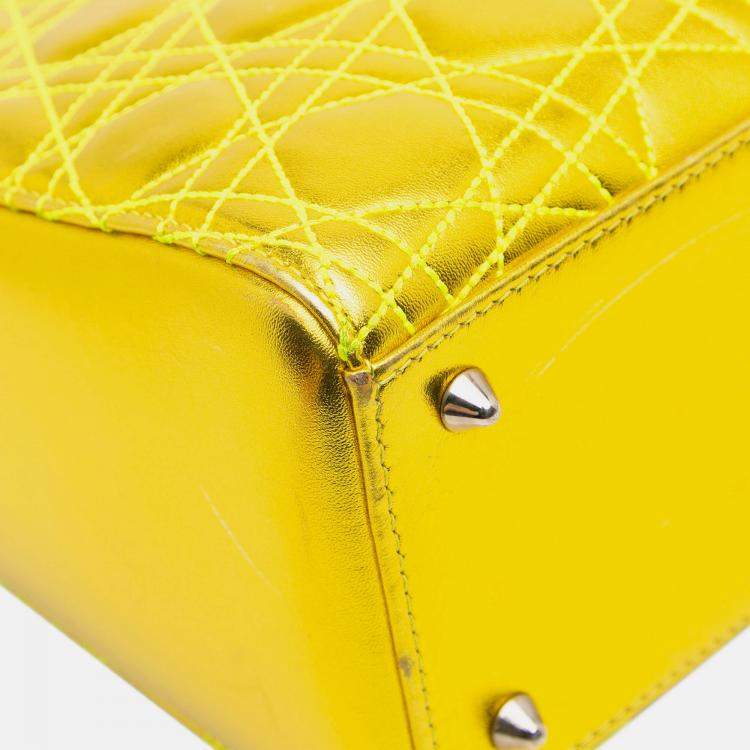 Pre Owned Dior Yellow Anselm Reyle Medium Metallic Lambskin Cannage Lady Dior