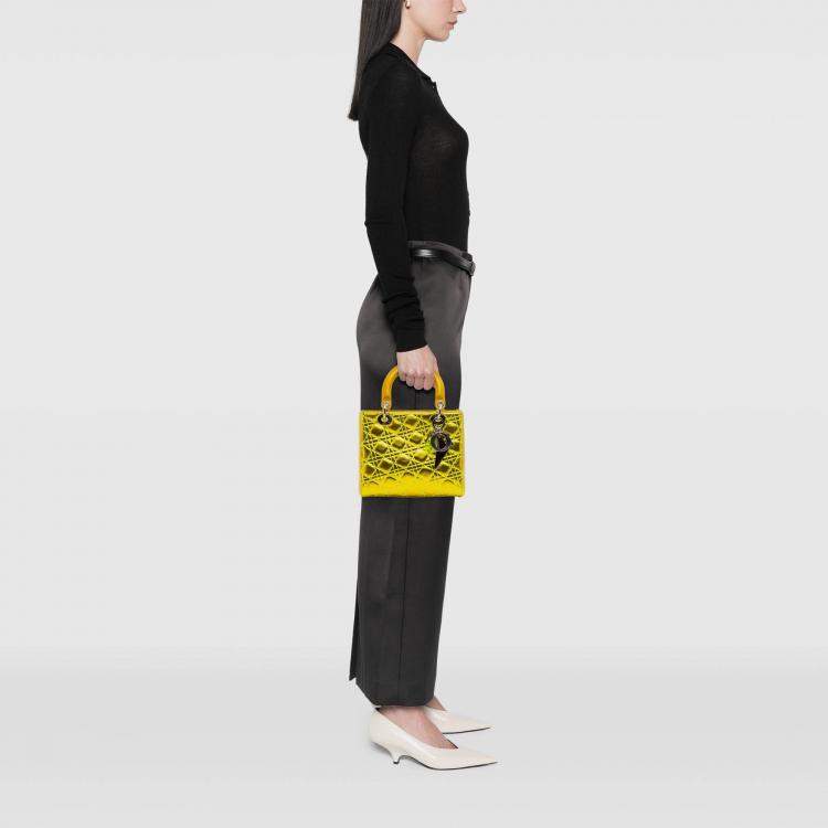Pre Owned Dior Yellow Anselm Reyle Medium Metallic Lambskin Cannage Lady Dior