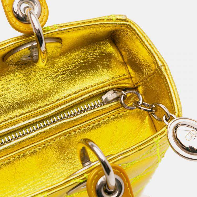 Pre Owned Dior Yellow Anselm Reyle Medium Metallic Lambskin Cannage Lady Dior