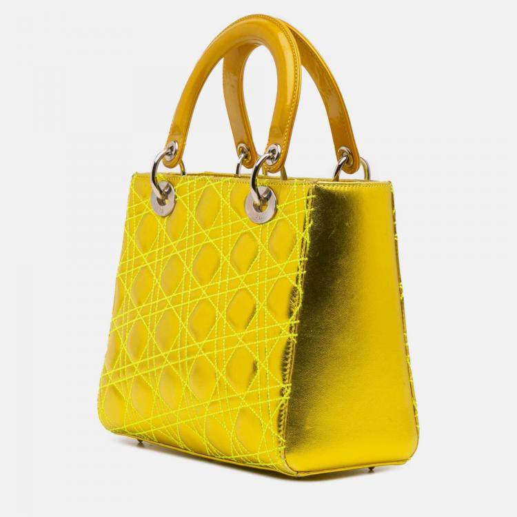 Pre Owned Dior Yellow Anselm Reyle Medium Metallic Lambskin Cannage Lady Dior