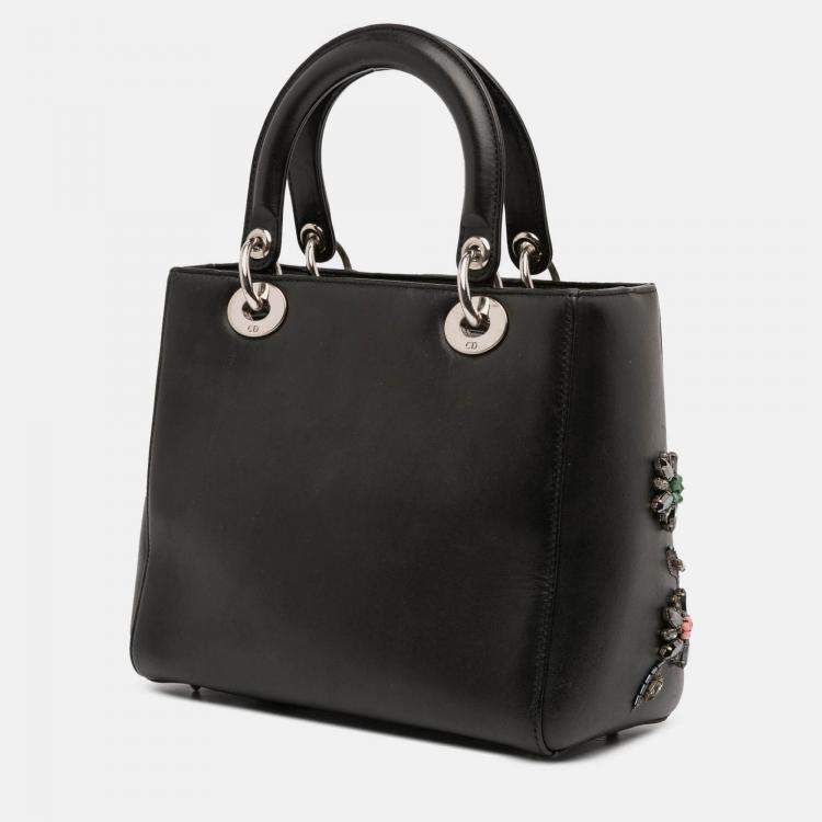 Pre Owned Dior Black Medium Beaded Floral Embellished Lambskin Lady Dior