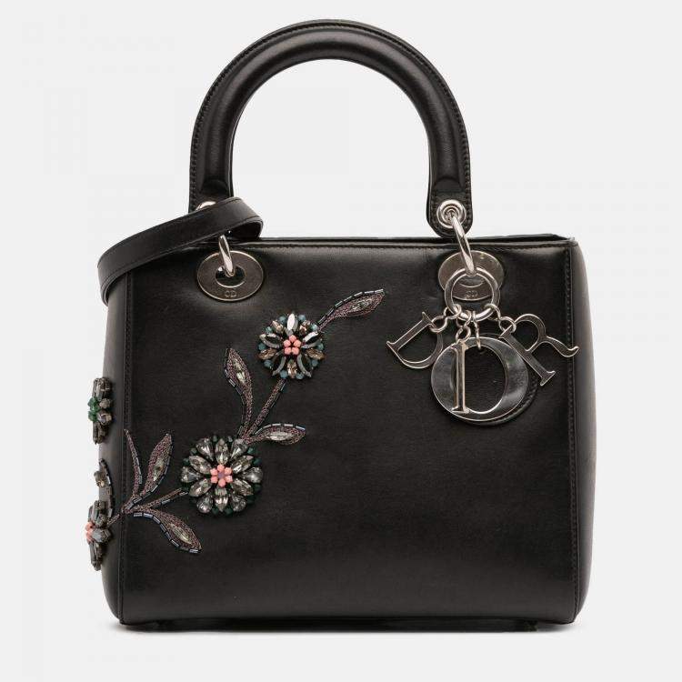 Pre Owned Dior Black Medium Beaded Floral Embellished Lambskin Lady Dior