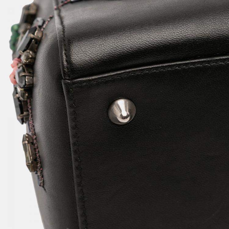 Pre Owned Dior Black Medium Beaded Floral Embellished Lambskin Lady Dior