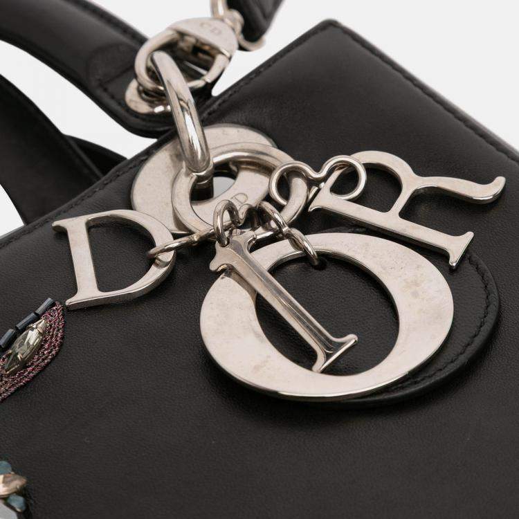 Pre Owned Dior Black Medium Beaded Floral Embellished Lambskin Lady Dior