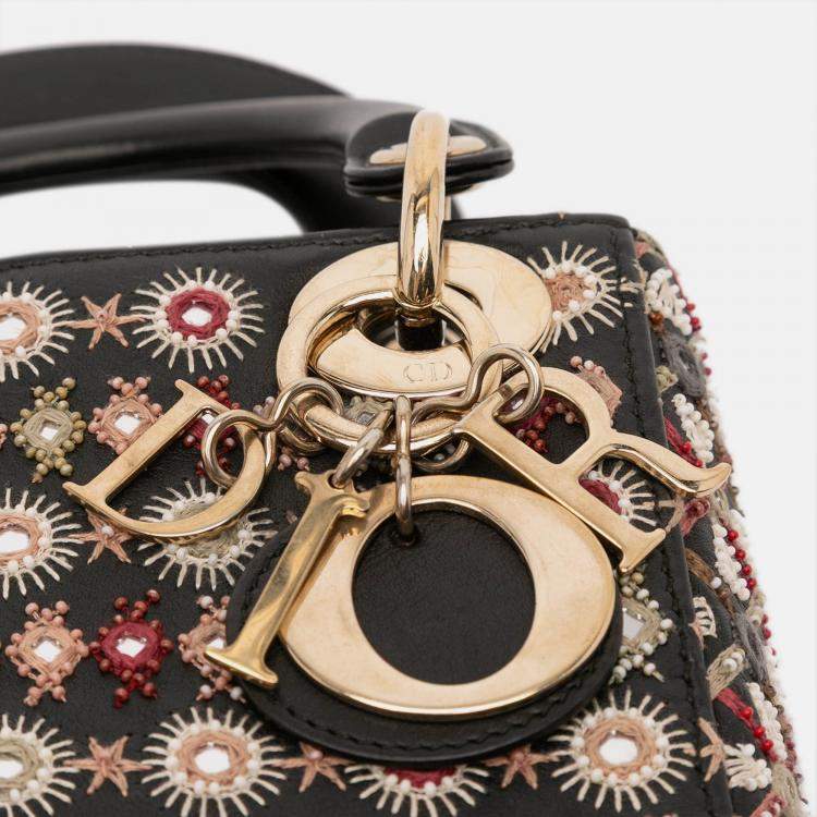 Pre Owned Dior Black Mini Calfskin Beaded Embroidered Lady Dior