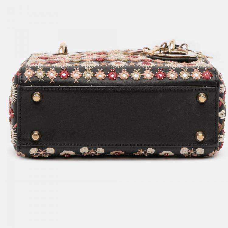 Pre Owned Dior Black Mini Calfskin Beaded Embroidered Lady Dior