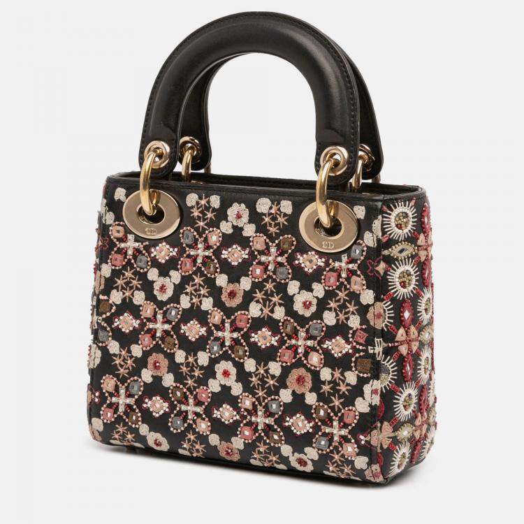 Pre Owned Dior Black Mini Calfskin Beaded Embroidered Lady Dior