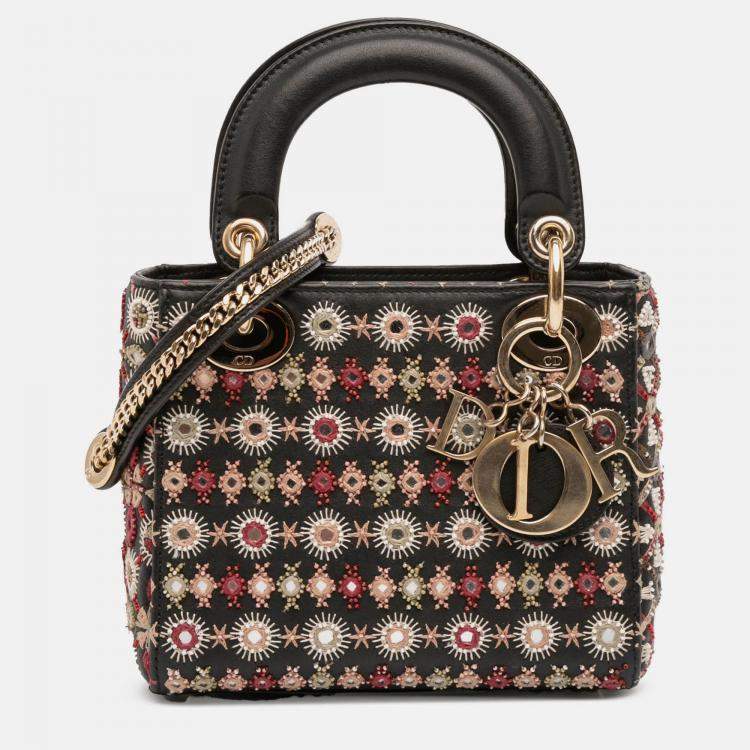 Pre Owned Dior Black Mini Calfskin Beaded Embroidered Lady Dior
