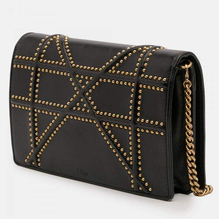 Pre Owned Dior Black Studded Calfskin Diorama Wallet on Chain