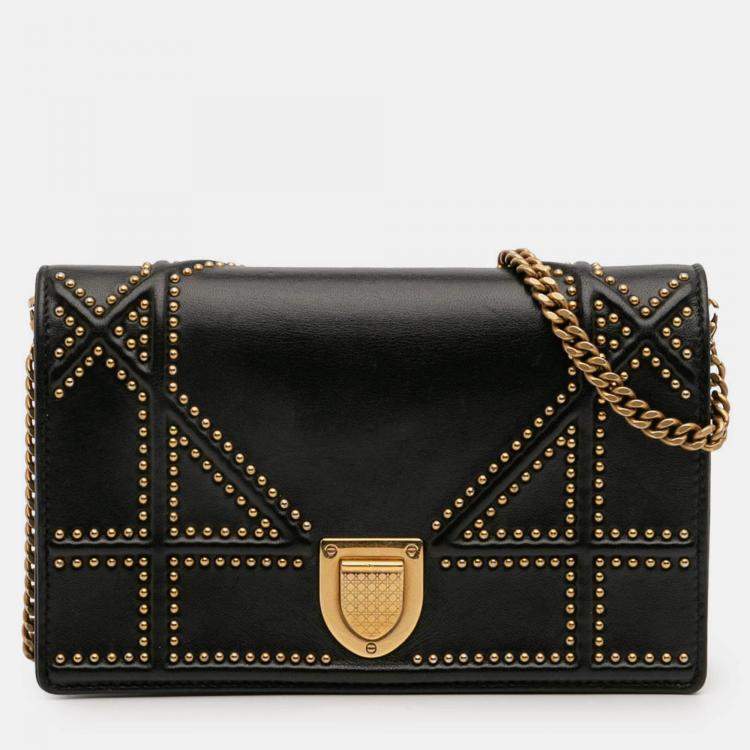 Pre Owned Dior Black Studded Calfskin Diorama Wallet on Chain