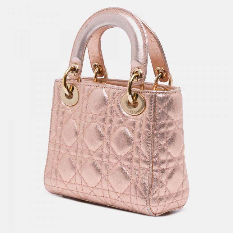Pre Owned Dior Pink Mini Metallic Lambskin Cannage Lady Dior
