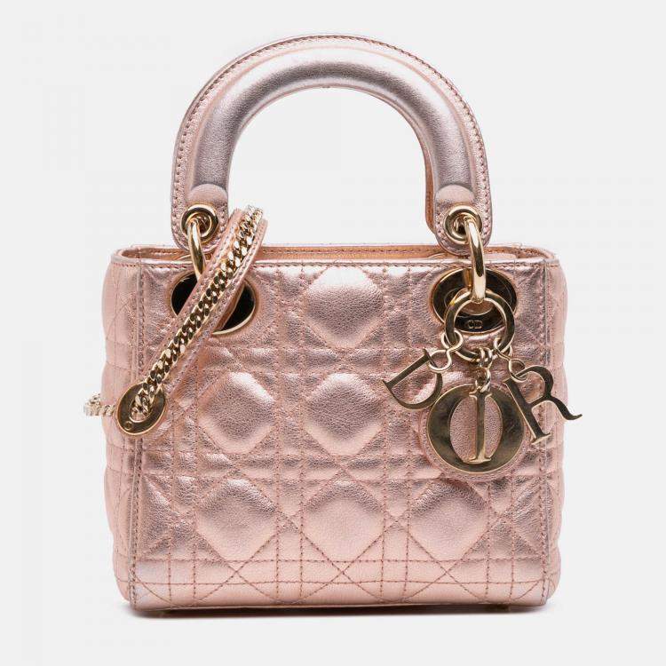 Pre Owned Dior Pink Mini Metallic Lambskin Cannage Lady Dior