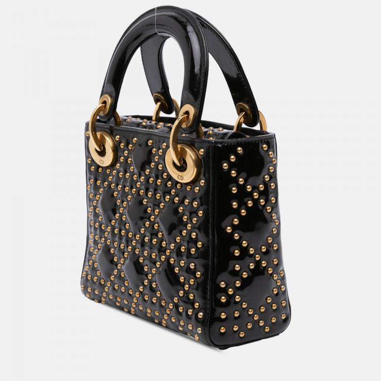 Pre Owned Dior Black Mini Patent Cannage Studded Supple Lady Dior