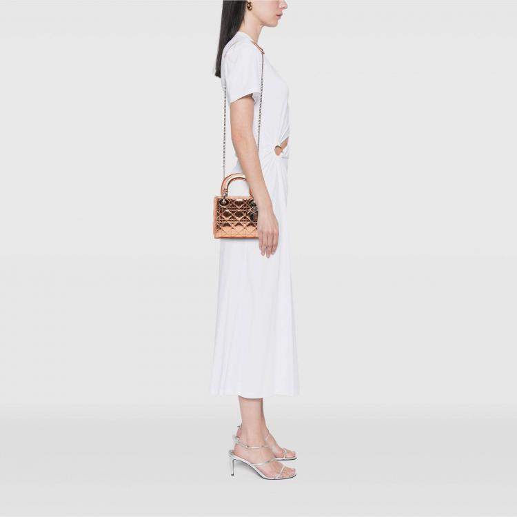 مملوكة مسبقًا Dior Brown Mini Metallic Crinkled Calfskin Cannage Lady Dior