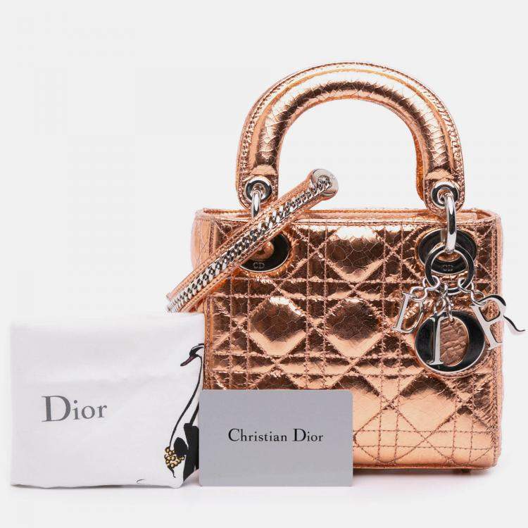 مملوكة مسبقًا Dior Brown Mini Metallic Crinkled Calfskin Cannage Lady Dior